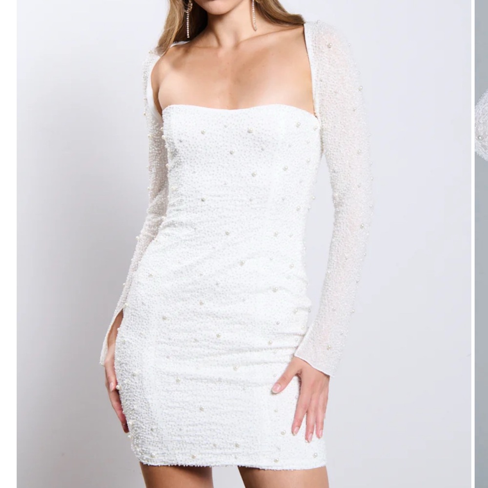 AKIRA White Long-Sleeve Pearl Embellished Dress
